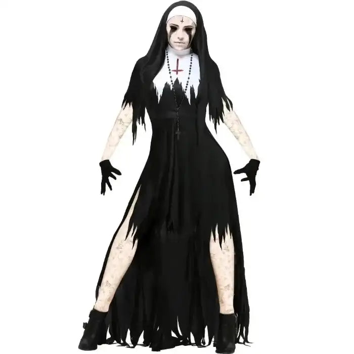 Scary Nun Costume Set shown on model with full makeup, long dress, gloves, and dark eerie details
