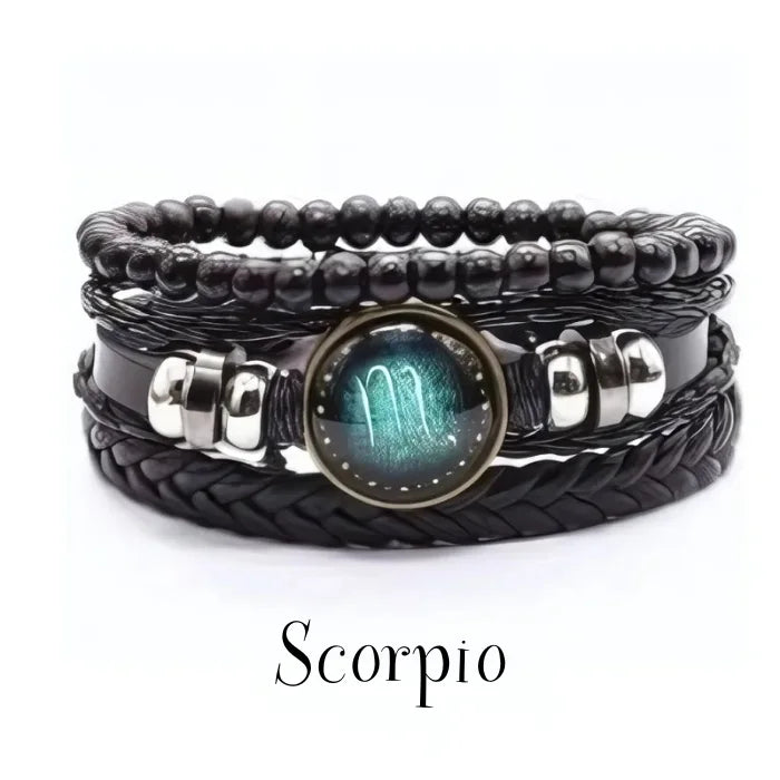 vintage leather bracelet with the Scorpio zodiac sign with adjustable leather strap