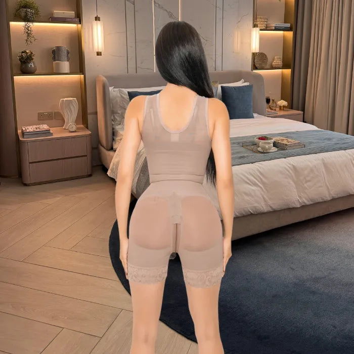 Sculpting Bodysuit back view in beige showing mesh fabric and lace trim for smooth shaping and lift.