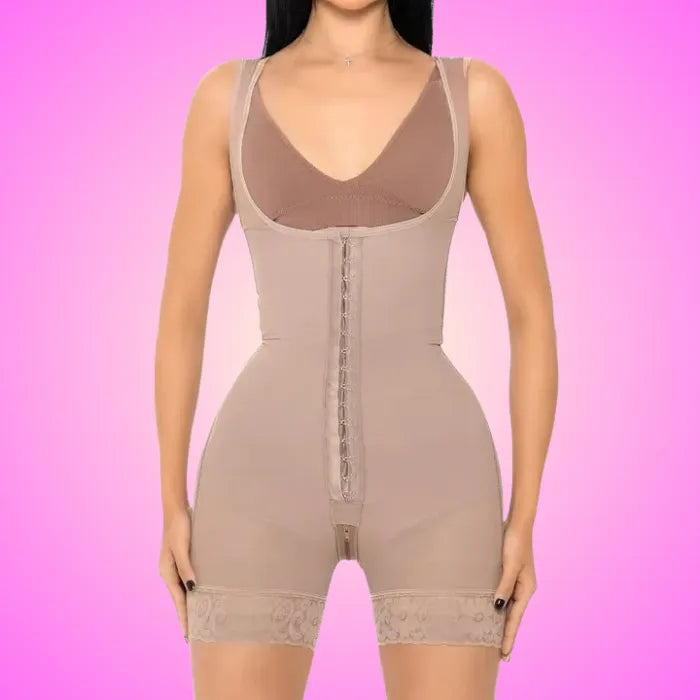 Sculpting Bodysuit front view on pink background showing hook closure and seamless full-body compression fit.