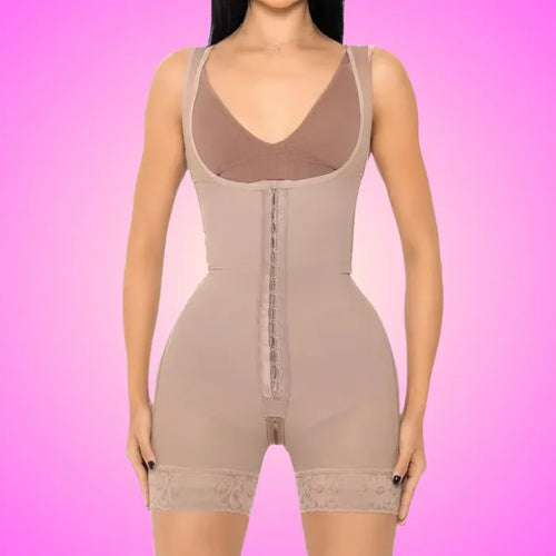 Sculpting Bodysuit front view on pink background showing hook closure and seamless full-body compression fit.