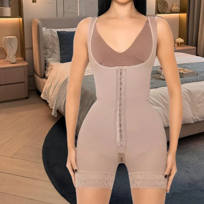 Sculpting Bodysuit shown from the front in beige color with lace-trim shorts and hook closure design.