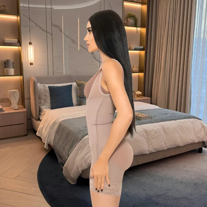 Sculpting Bodysuit side profile in beige highlighting slimming fit and contouring compression effect.