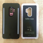 Selfie cases for Samsung S9 Plus in black and transparent white with camera cutout and lights.