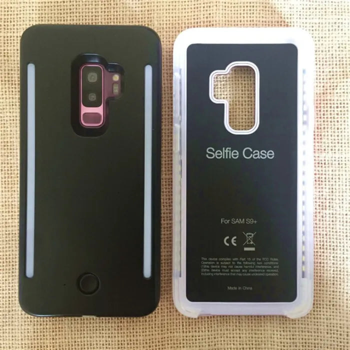 Selfie cases for Samsung S9 Plus in black and transparent white with camera cutout and lights.
