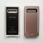 Side-by-side selfie case view showing interior black liner and metallic rose gold exterior.