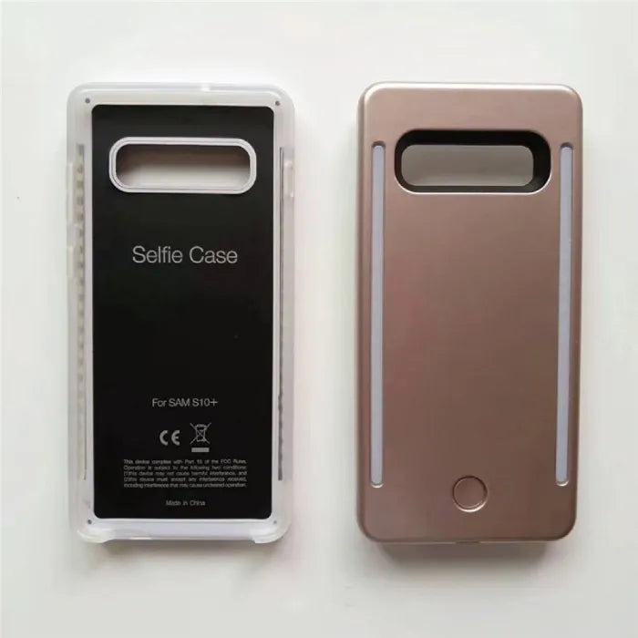 Side-by-side selfie case view showing interior black liner and metallic rose gold exterior.