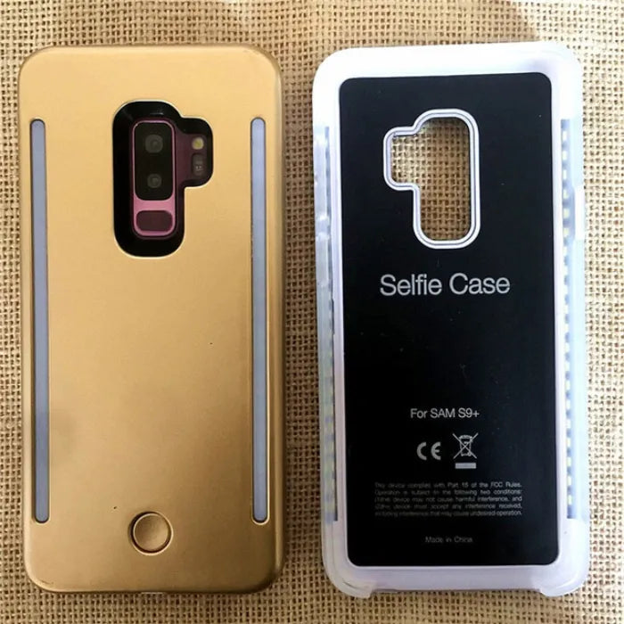Gold and clear black selfie cases for Samsung S9 Plus with visible back cutouts and LED edges.