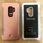 Side-by-side view of rose gold and clear selfie cases for Samsung S9 Plus with dual light strips.