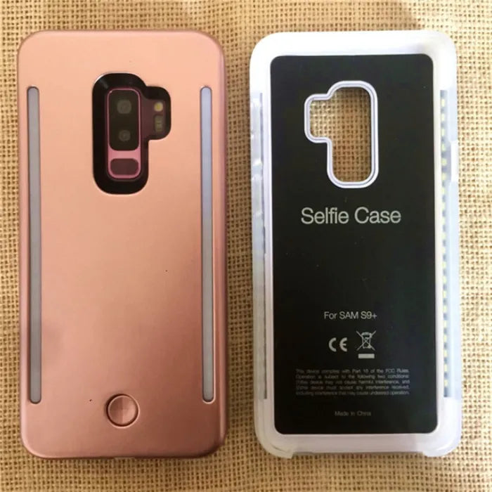 Side-by-side view of rose gold and clear selfie cases for Samsung S9 Plus with dual light strips.