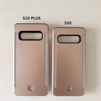 Comparison of selfie case size for Samsung S10 Plus and S10 in matching metallic rose gold finish.