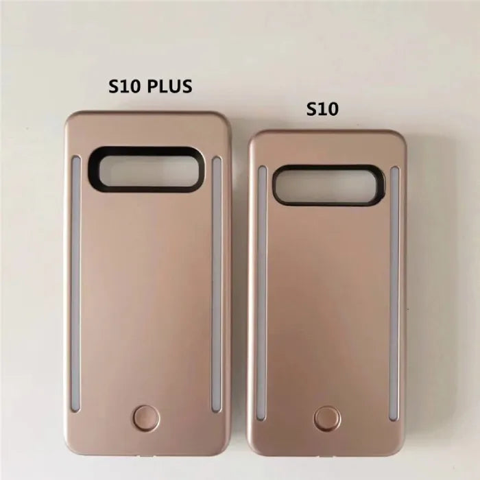 Comparison of selfie case size for Samsung S10 Plus and S10 in matching metallic rose gold finish.