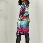 sequin cardigan rainbow front open design layered over black top delivering dramatic shine and elevated party style
