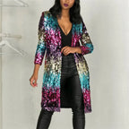 sequin cardigan rainbow long duster with multicolor sequins worn open over black outfit for bold party ready sparkle