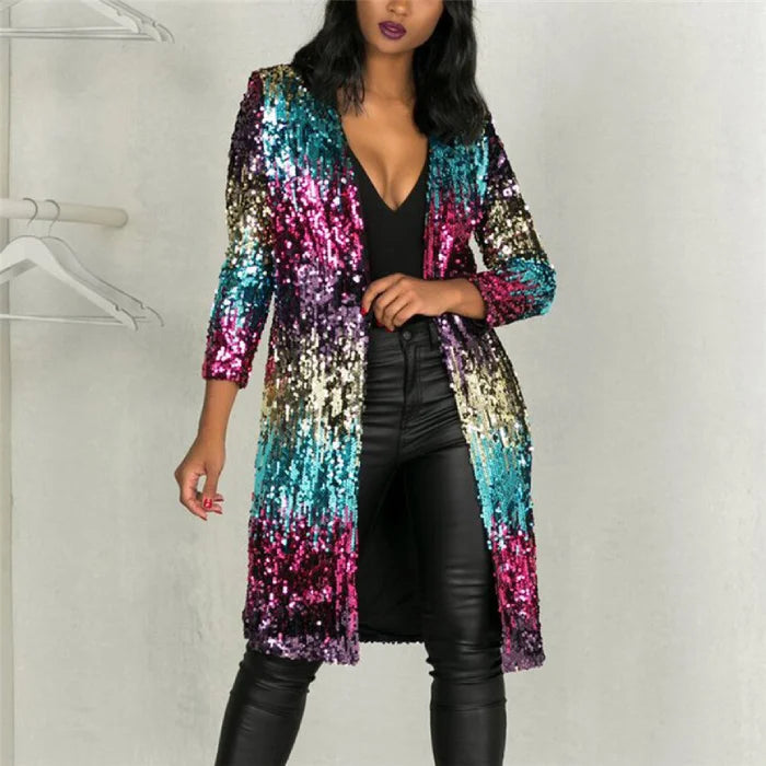 sequin cardigan rainbow long duster with multicolor sequins worn open over black outfit for bold party ready sparkle