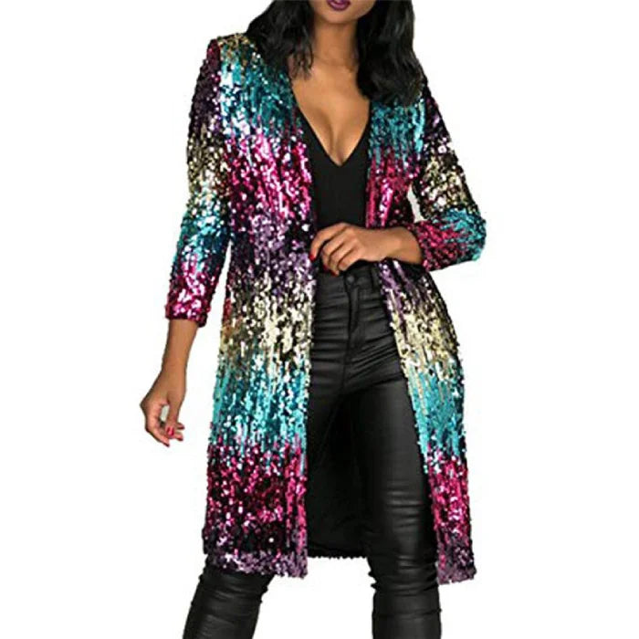 sequin cardigan multicolor rainbow sequins styled as long open front layer creating a confident statement look for nights out