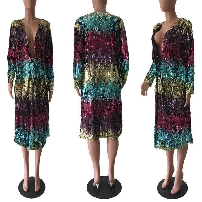 sequin cardigan rainbow multiview display highlighting long length shimmering sequins for versatile glam outfits