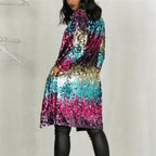 sequin cardigan rainbow back view showing full length multicolor sequins with relaxed fit for standout evening fashion