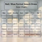 Sequin dress size chart with detailed measurements for XS-L including length, shoulder width, bust, waist, sleeve length and hip dimensions