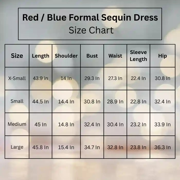 Sequin dress size chart with detailed measurements for XS-L including length, shoulder width, bust, waist, sleeve length and hip dimensions