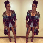 sequin-duster-rainbow fashion look indoors, belted multicolor sequin coat paired with heels for confident style