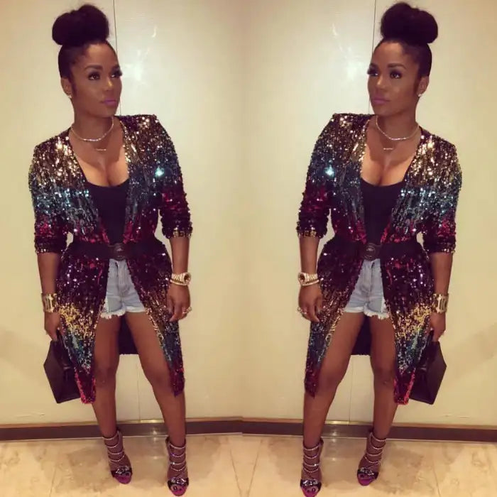 sequin-duster-rainbow fashion look indoors, belted multicolor sequin coat paired with heels for confident style