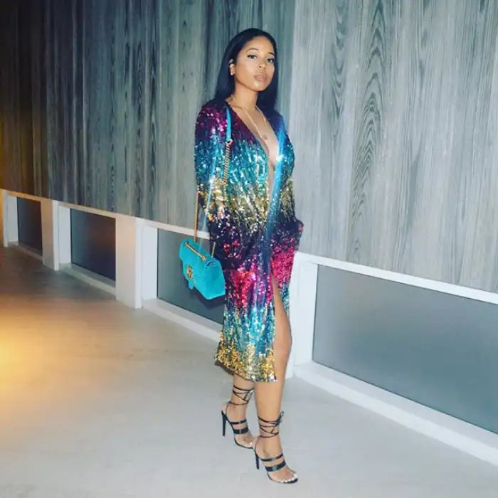 sequin-duster-rainbow outfit inspiration, long multicolor sequin coat with slit creating glamorous evening appeal