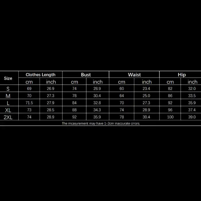 Sequin mini dress size chart showing measurements in centimeters and inches from S to 2XL.