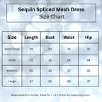 Sequin spliced mesh dress size chart showing measurements for XS, S, M, and L, including length, bust, waist, and hip in inches.