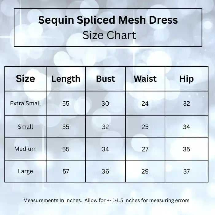 Sequin spliced mesh dress size chart showing measurements for XS, S, M, and L, including length, bust, waist, and hip in inches.