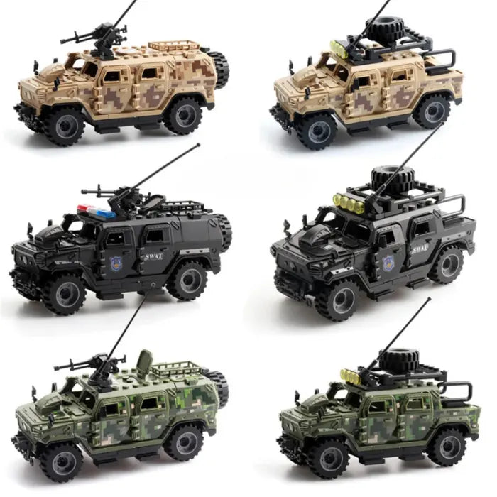 set of six toy vehicles in different designs, including green, black SWAT, and beige military styles.