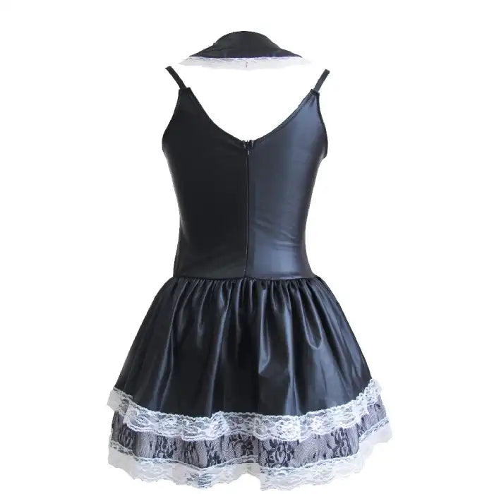Sexy Maid Halloween Costume back view featuring zip closure and layered lace hem on skirt.
