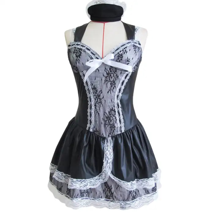 Sexy Maid Halloween Costume on mannequin showing lace bodice, satin bow, and flared skirt.