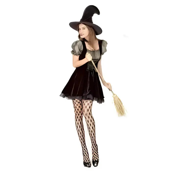 Sexy witch Halloween costume with mini black dress and broom.