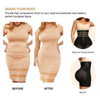 Before and after transformation with shapewear showing hourglass waist, tummy control, and butt lift.