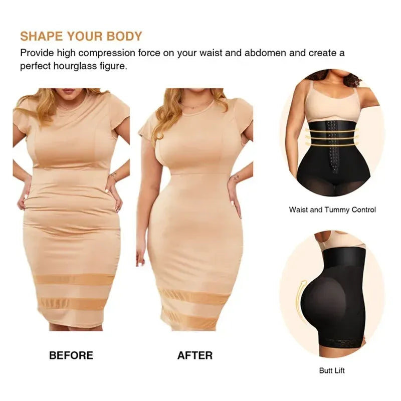 Before and after transformation with shapewear showing hourglass waist, tummy control, and butt lift.