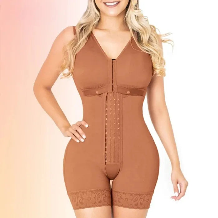 Shapewear bodysuit in warm brown tone featuring front hooks and bust lift detail with lace hem shorts.