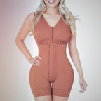 Shapewear bodysuit in brown with detailed lace trim and hook closure for firm fit and waist sculpting.