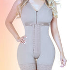 Shapewear bodysuit in nude with front hooks and lace hem, designed for slimming and body contour support.