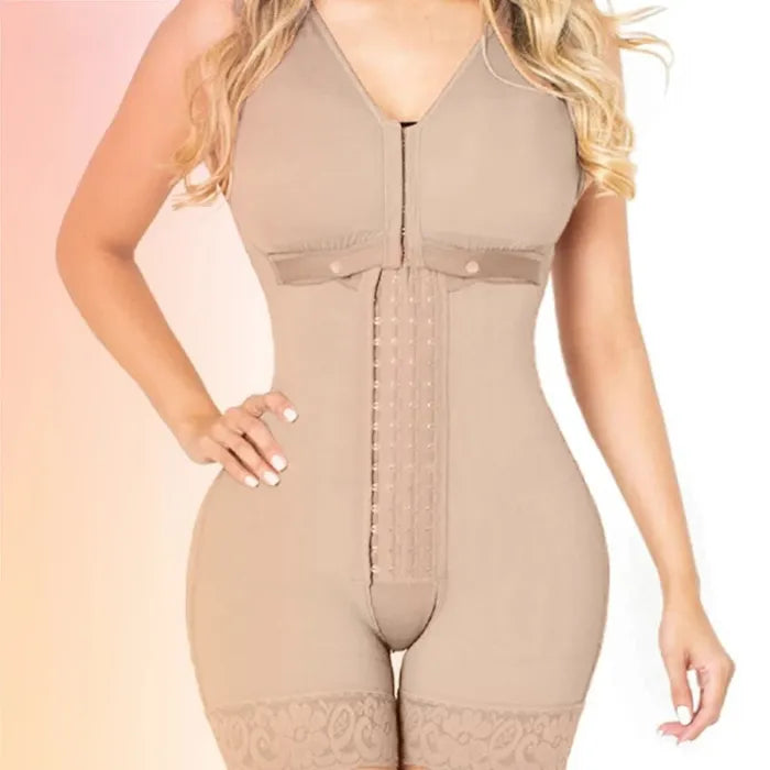 Shapewear bodysuit in nude with hook closure, bust support, and floral lace detail for seamless contouring.