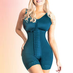 Shapewear bodysuit in teal with hook front closure and lace leg trim for firm compression and body sculpting.