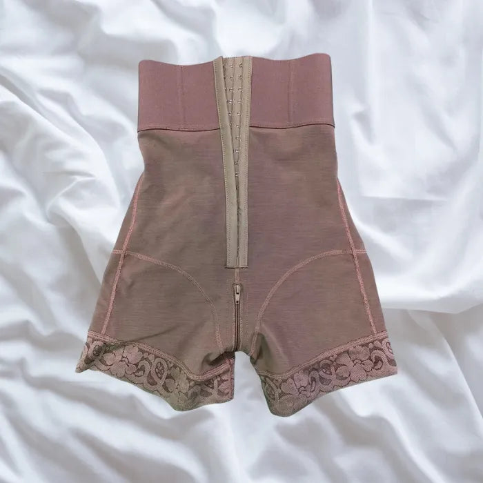 Brown shapewear with beige hook front and contour seams, designed for midsection control.