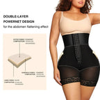 Shapewear with powernet double-layer fabric and hook closure designed to flatten abdomen and enhance shape.
