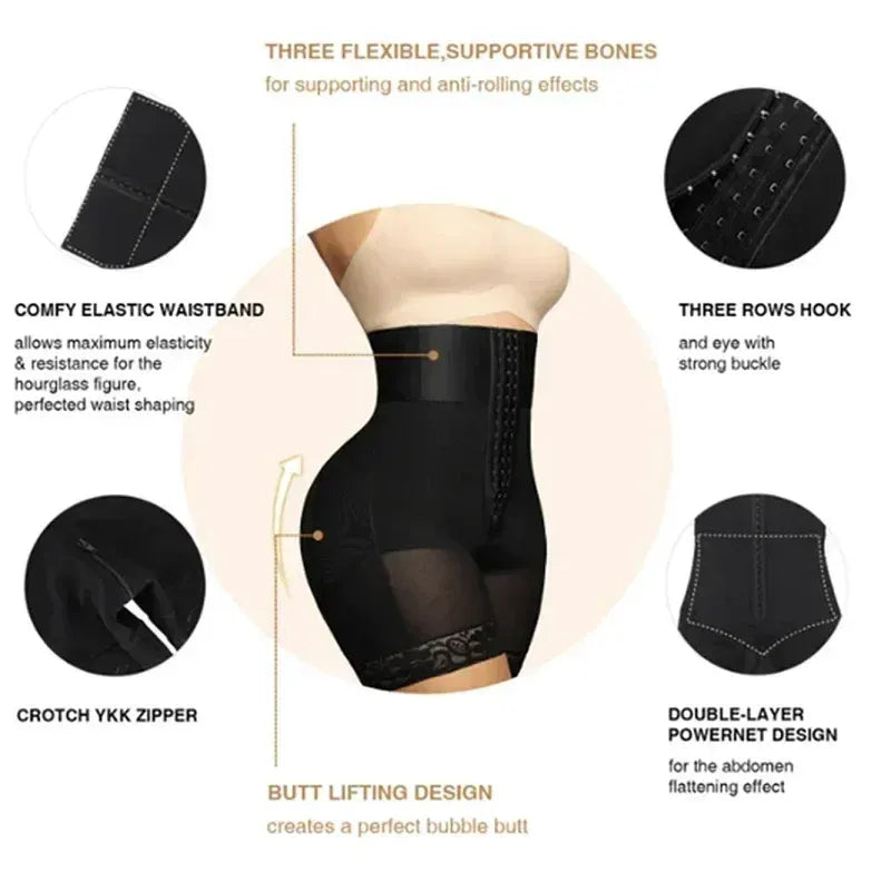 Shapewear design highlights with hook closure, YKK zipper, double-layer panel, and elastic waistband.