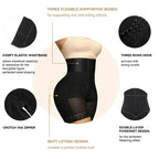 Shapewear design highlights with hook closure, YKK zipper, double-layer panel, and elastic waistband.