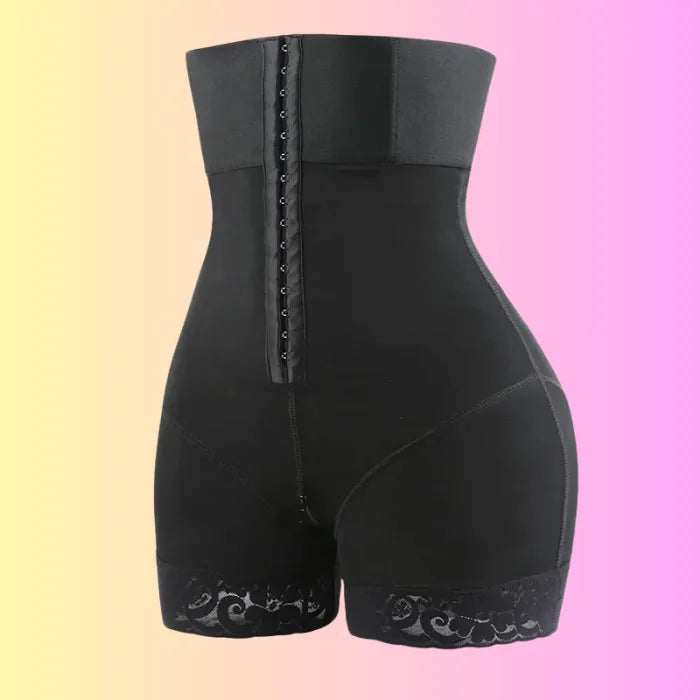 Black shapewear with front hook closure, lace leg trim, and high waist for slimming and support.