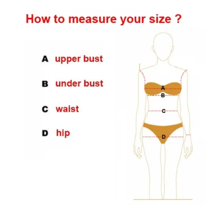 Shapewear sizing guide showing how to measure upper bust, under bust, waist, and hip with diagram.