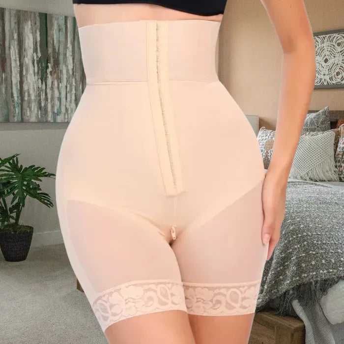Nude shapewear with lace thigh trim, high-rise front hook design, and tummy control compression.