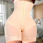 Nude shapewear with front hook-and-eye closure and crotch zipper for compression and easy wear.