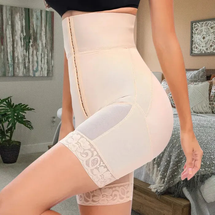 Side view of nude shapewear showing butt lift, high-waist fit, and thigh lace detailing.